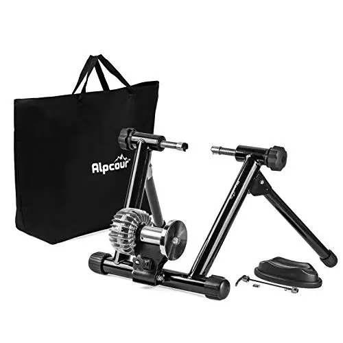 Alpcour Fluid Bike Trainer Stand – Portable Stainless Steel Indoor Trainer w/Fluid Flywheel, Noise Reduction, Progressive Resistance, Dual-Lock System – Stationary Exercise for Road & Mountain Bikes