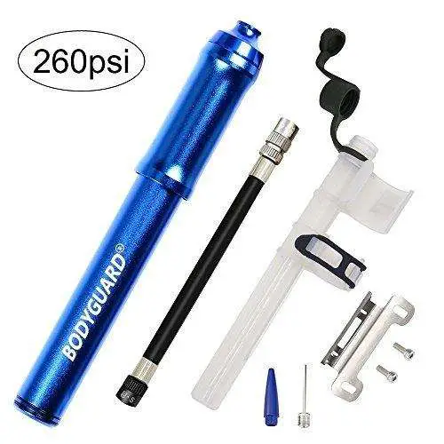 Bodyguard Mini Bike Pump - Reliable Hand Air Pump, Presta and Schrader Valve Compatible with Road, Mountain and BMX Bicycle Tires, High Pressure 260 Psi, 7.3 inches (Blue)