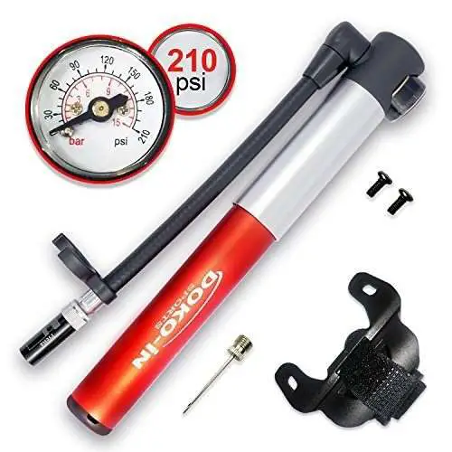 DOKO-IN Mini Bike Pump With Gauge,Frame Mount Bicycle Tire Pump With Flexible Hose,Presta Schrader Compatible Hand Bike Pump,210 PSI Capacity,1 Year Warranty