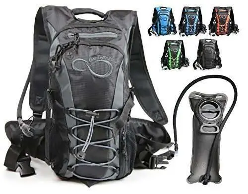 Live Infinitely Hydration Backpack with 2.0L TPU Leak Proof Water Bladder- 600D Polyester -Adjustable Padded Shoulder, Chest & Waist Straps- Silicon Bite Tip & Shut Off Valve- (Grey Edge)
