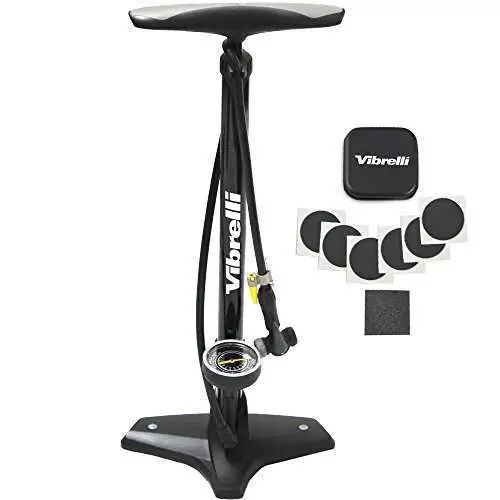 Vibrelli Bike Floor Pump with Gauge - High Pressure 160 PSI - Presta Valve Bike Pump Automatically Switches to Schrader - Bicycle Pump Comes with Glueless Puncture Kit